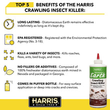 Harris Earth crawling insect killer powder bottle, showing benefits panel on label.