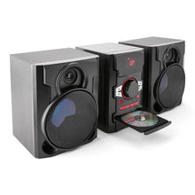 Black stereo speaker system with CD tray open and two front speakers