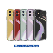 Set of iridescent phone cases with translucent backs in colors: yellow, red, teal, purple, black