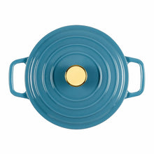 Blue enamel Dutch oven lid with gold knob, seen from above