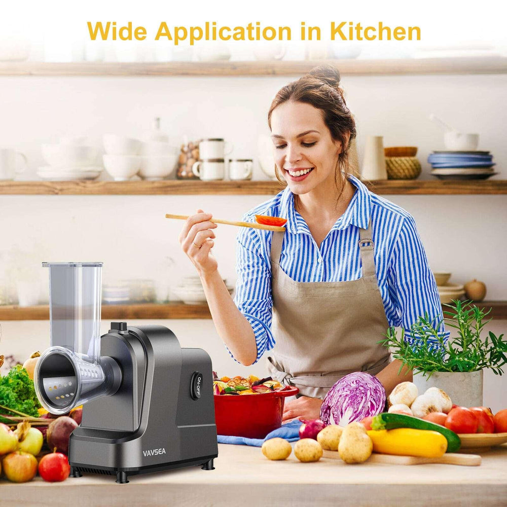 VAVSEA 5-in-1 Electric Cheese Grater, 400W Electric Cheese Shredder with 5 Stainless Blades, Salad Maker with One-Touch Control for Cheese, Vegetables and Fruits, Gifts for Christmas - USA MEGA SHOP