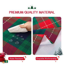 Water-resistant plaid tablecloth corner with stitched hem and folded fabric