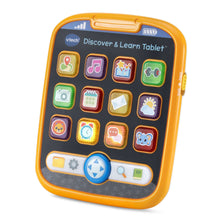 Orange and black learning tablet toy with colorful icon buttons and blue circular dial