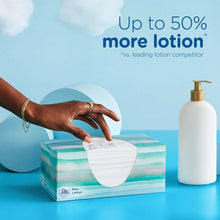 Puffs Plus Lotion facial tissue box with tissues and hand reaching