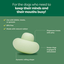 Mint green nibbler-style treat-dispensing dog toy, dynamic rolling ribbed shape