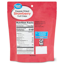 Freeze-dried strawberry crisps back pouch with Nutrition Facts and serving size