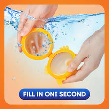 Orange reusable animal water balloon cup and funnel with hands pouring water