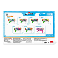 Back of XSHOT water blaster packaging with product diagrams and feature callouts