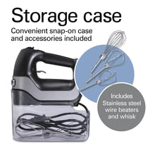 Black electric hand mixer in a clear snap-on storage case with wire beaters and whisk