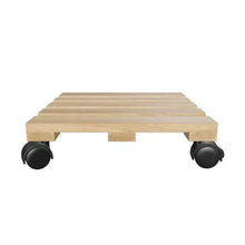 Rectangular wooden plant caddy with four black caster wheels.