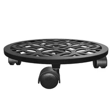 Black round plant caddy with lattice top and four small caster legs