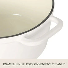 White enameled cast iron Dutch oven lid rim with dark edge detailing