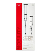 Universal crutches packaging insert with adjustable gray underarm support and rubber tips