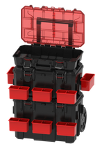 Modular toolbox with open top, dark bins, and red drawer compartments with dividers