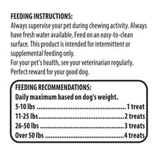 Dog treat feeding instructions panel with weight-based serving chart