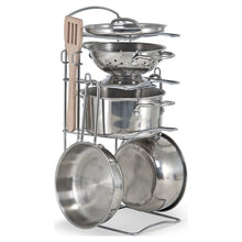 Stainless steel pretend play pots and pans rack with wooden utensil