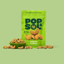 Pop & Sol jalapeño cashews bag with cashews scattered in front