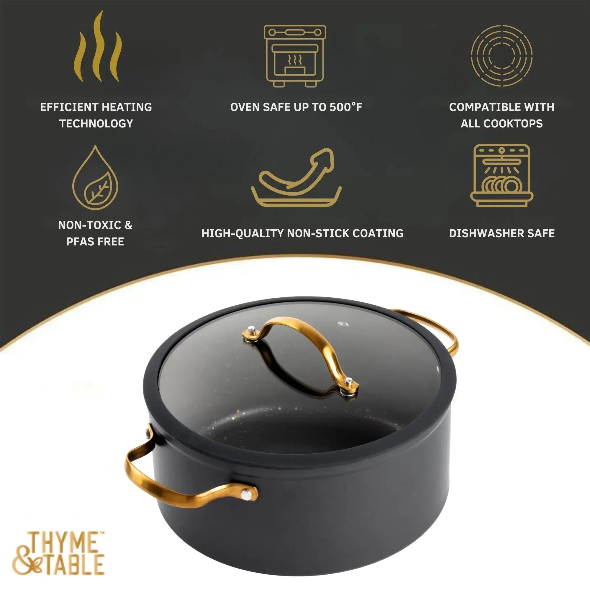 Thyme & Table 5 Qt Non-Stick Stock Pot with Glass Lid in Black & Gold, Signature Collection