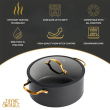 Black non-stick stock pot with clear glass lid and curved gold-tone side handles