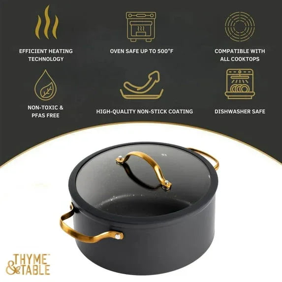 Thyme & Table 5 Qt Non-Stick Stock Pot with Glass Lid in Black & Gold, Signature Collection