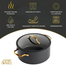 Black non-stick stock pot with glass lid and gold-tone loop handles