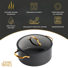 Thyme & Table 5 Qt Non-Stick Stock Pot with Glass Lid in Black & Gold, Signature Collection