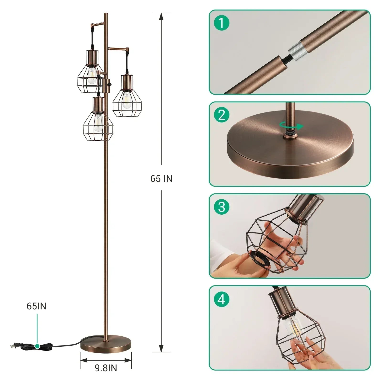 EDISHINE 65IN Farmhouse Industrial Black Floor Lamps for Living Room, Dimmable, Metal Standing Tree Lamp for Bedroom, Office, Home Decor, Lighting, 3 LED Bulb Included - USA MEGA SHOP