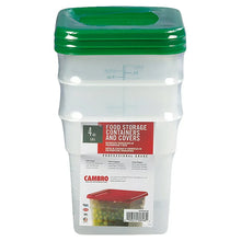 Cambro 4-qt square food storage container with green lid, clear body