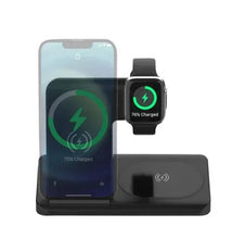Black 3-in-1 wireless charging stand with phone, watch, and earbud charging pads