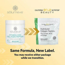 Hydrolyzed collagen peptides tub and supplement pouch shown together on packaging