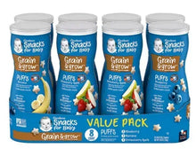 Baby puffs snack variety pack, blue canisters with fruit and grain graphics, 8-pack