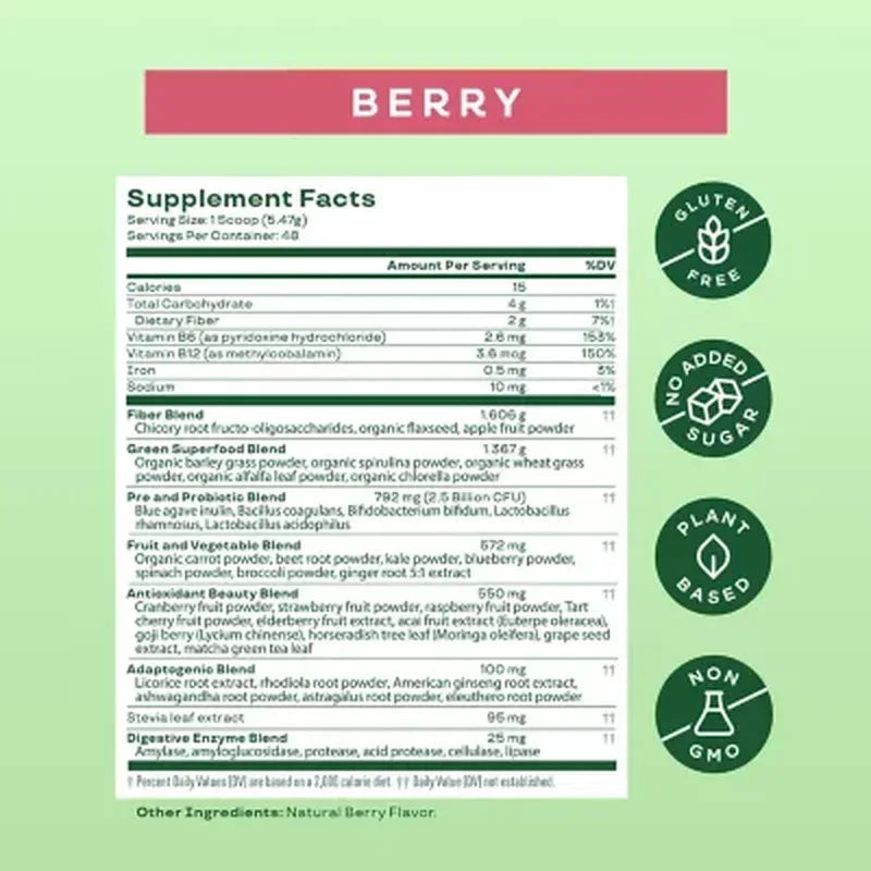 Bloom Nutrition Greens & Superfoods Powder, Berry (48 Servings, 9.2 Oz.)