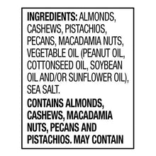 Mixed nuts pouch ingredients label listing almonds, cashews, pistachios, pecans