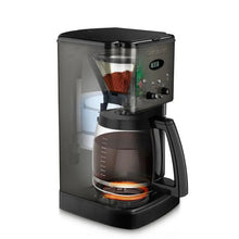 Black 12-cup coffee machine with open brew chamber and glass water reservoir