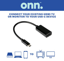 Black USB-C to HDMI adapter cable with USB-C input and HDMI output
