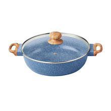Blue speckled pot with glass lid and acacia wood side handles