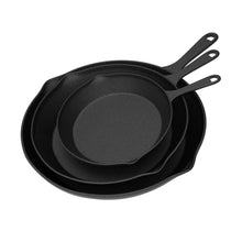 Nested black cast iron skillet set of 3 with loop handles, top view