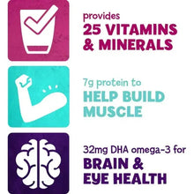 Benefits panel showing 25 vitamins & minerals, 7g protein, and DHA omega-3