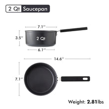 2 qt dark gray saucepan with black handle, top and bottom size views
