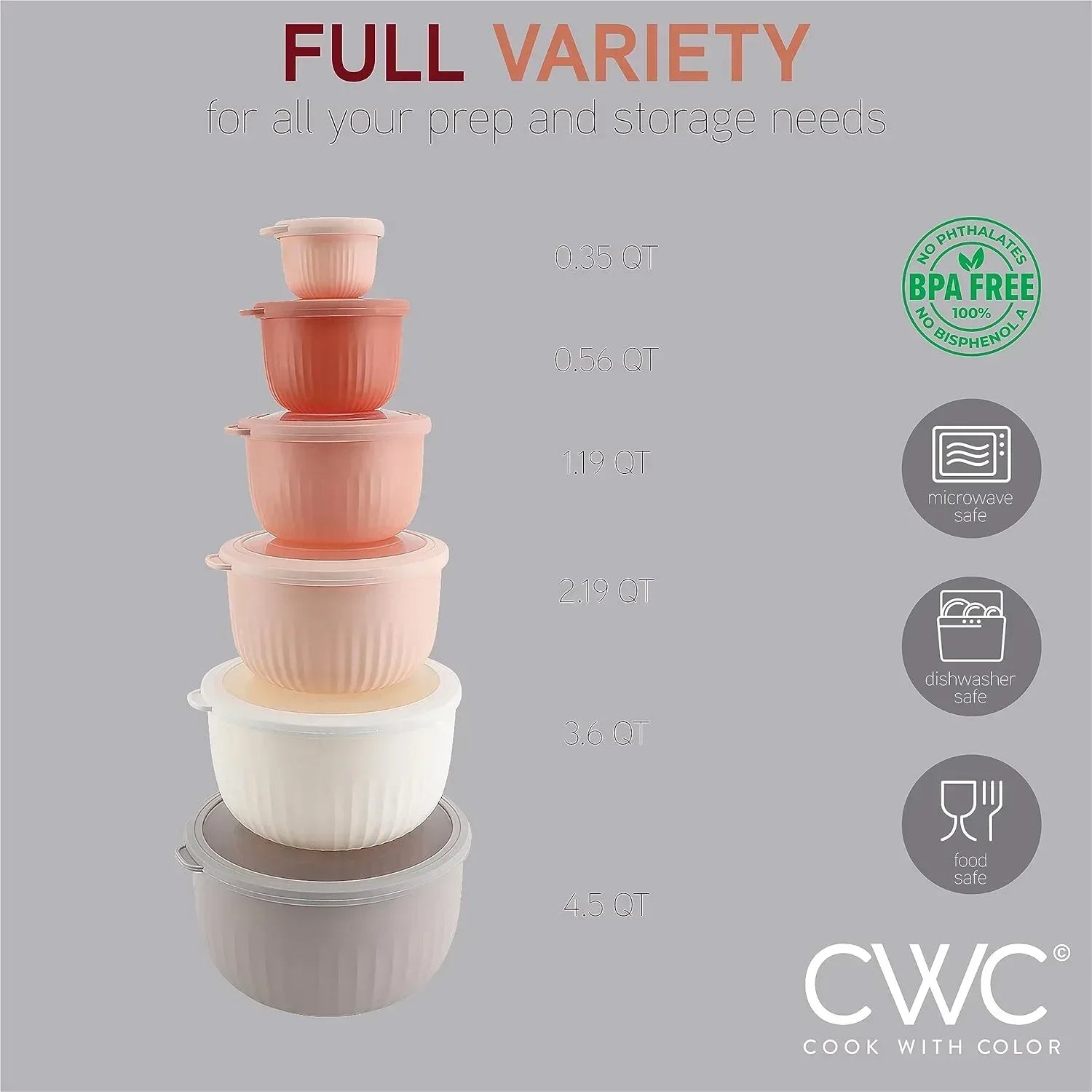 COOK WITH COLOR Meal Prep Containers Wide Mixing Bowls Food Storage Containers with Lid