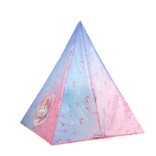 Unicorn teepee tent with pastel blue and pink sides, standing open