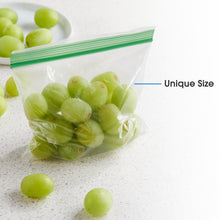 Clear snack bag with single zipper and green seal strip, filled with grapes