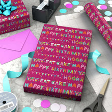 Birthday wrapping paper roll design, pink with colorful birthday, cake and Hooray lettering