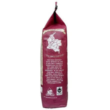 Whole bean coffee bag, maroon side with country map and certification icons