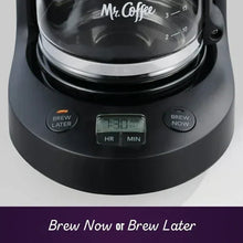 Black coffee maker front panel with LCD display and Brew Now/Later buttons