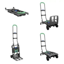 Folding hand truck shown in multiple positions: upright, cart extended, and folded