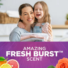 Liquid laundry detergent Fresh Burst scent label with purple banner and fruit accents
