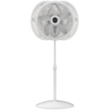 White pedestal fan with circular wire grille and wide round base