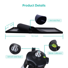 Projector tripod stand detail: non-slip tray pad and 5/8 inch threaded mount