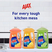 Ajax Ultra kitchen lineup: orange, yellow, and green liquid dish soap bottles in a row.